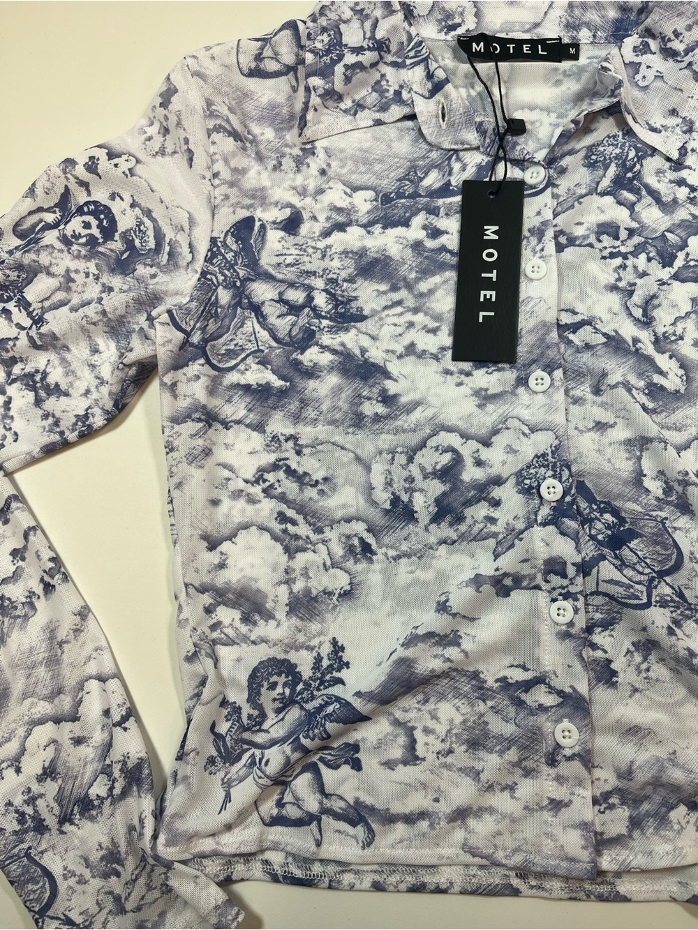 Motel Cherub Cloud Print Mesh Button Up Sheer Long Sleeve Top - Picture 3 of 5